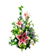 Basket of purplish lilies and eustomas