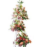 Stand arrangement of carnations, daisies, stargazers, orchids, and lush of greens