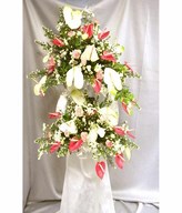 Flower arrangement of daisies, pompoms and orchids